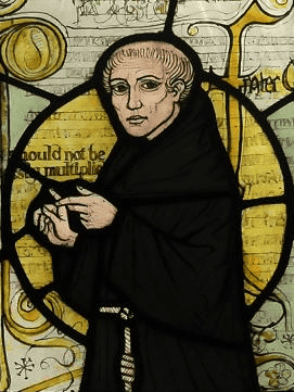 William of Ockham depicted on a stained glass window at a church in Surrey (Wikipedia)