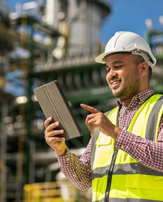 engineer handsome man use tablet with white safety helmet standing front of oil refinery